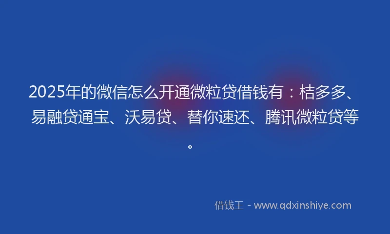 2025年的微信怎么开通微粒贷借钱有：桔多多、易融贷通宝、沃易贷、替你速还、腾讯微粒贷等。