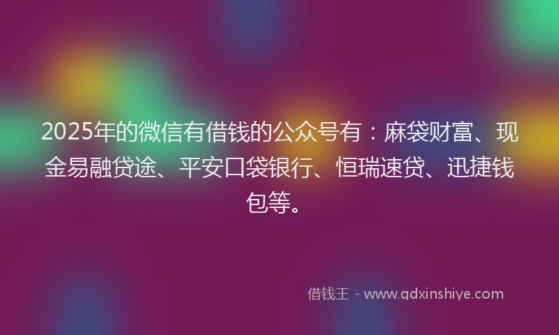 2025年的微信有借钱的公众号有：麻袋财富、现金易融贷途、平安口袋银行、恒瑞速贷、迅捷钱包等。