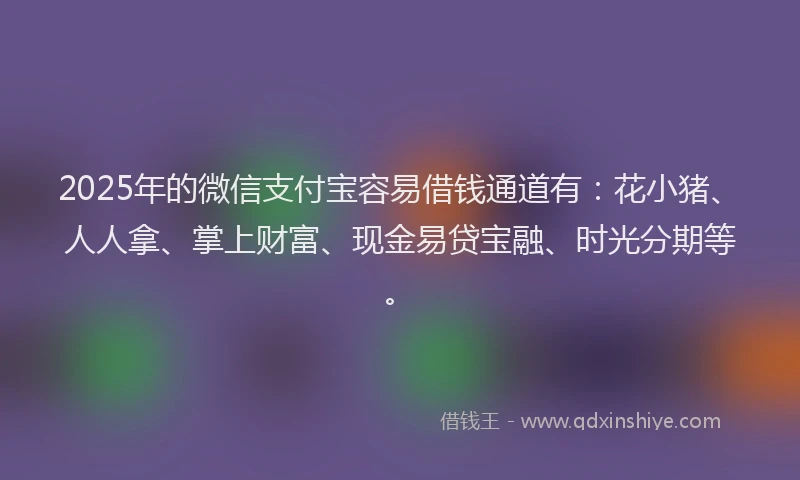 2025年的微信支付宝容易借钱通道有：花小猪、人人拿、掌上财富、现金易贷宝融、时光分期等。