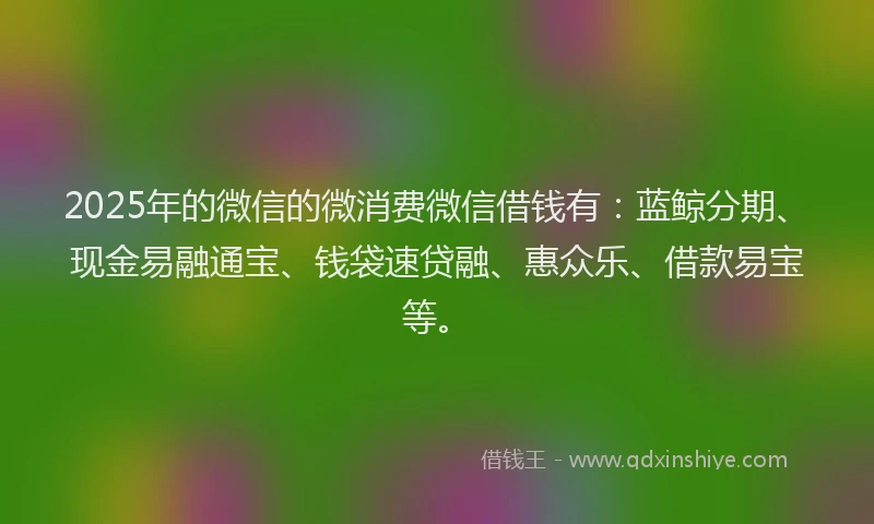 2025年的微信的微消费微信借钱有：蓝鲸分期、现金易融通宝、钱袋速贷融、惠众乐、借款易宝等。