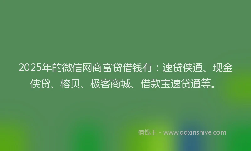 2025年的微信网商富贷借钱有：速贷侠通、现金侠贷、榕贝、极客商城、借款宝速贷通等。