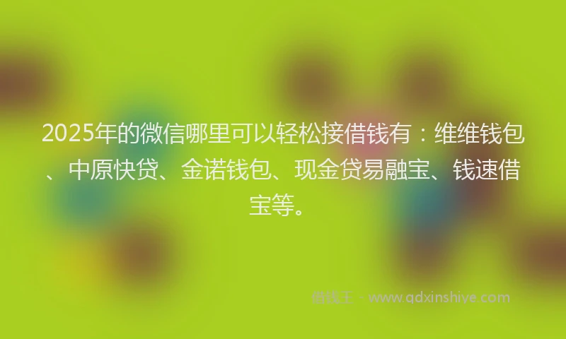 2025年的微信哪里可以轻松接借钱有：维维钱包、中原快贷、金诺钱包、现金贷易融宝、钱速借宝等。