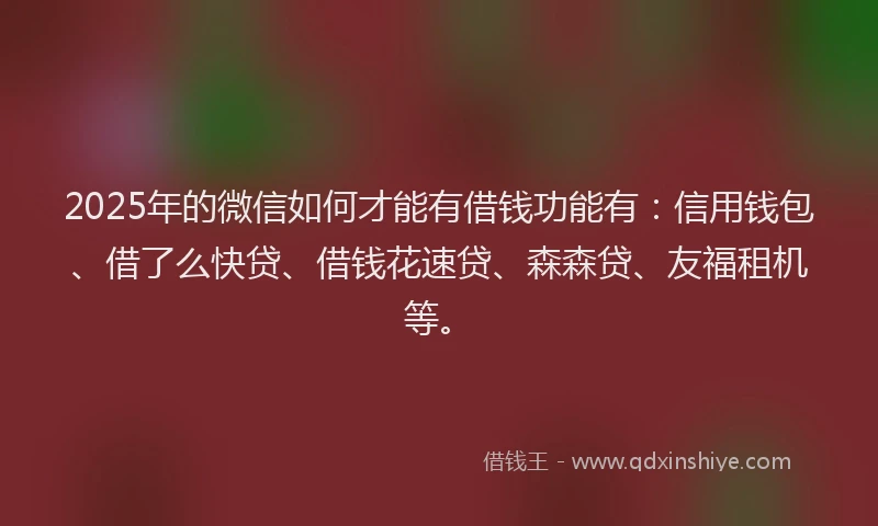 2025年的微信如何才能有借钱功能有：信用钱包、借了么快贷、借钱花速贷、森森贷、友福租机等。