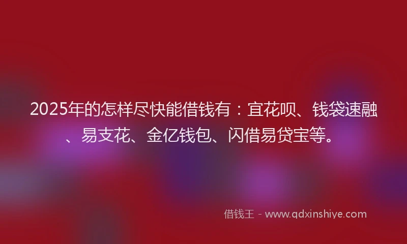 2025年的怎样尽快能借钱有：宜花呗、钱袋速融、易支花、金亿钱包、闪借易贷宝等。