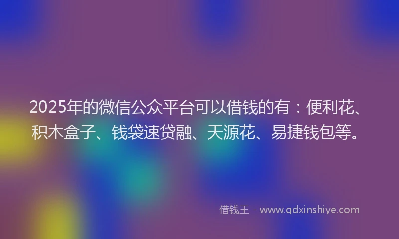 2025年的微信公众平台可以借钱的有：便利花、积木盒子、钱袋速贷融、天源花、易捷钱包等。