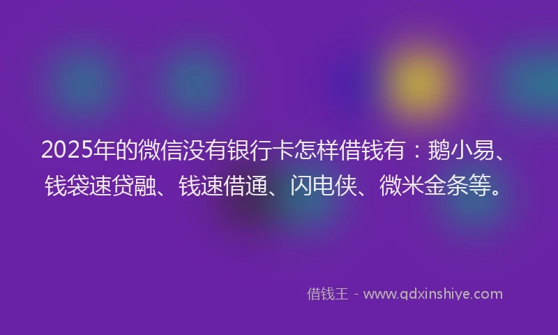 2025年的微信没有银行卡怎样借钱有：鹅小易、钱袋速贷融、钱速借通、闪电侠、微米金条等。