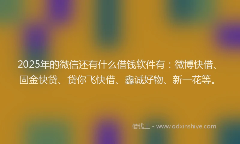 2025年的微信还有什么借钱软件有：微博快借、固金快贷、贷你飞快借、鑫诚好物、新一花等。