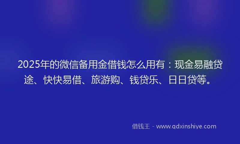 2025年的微信备用金借钱怎么用有：现金易融贷途、快快易借、旅游购、钱贷乐、日日贷等。