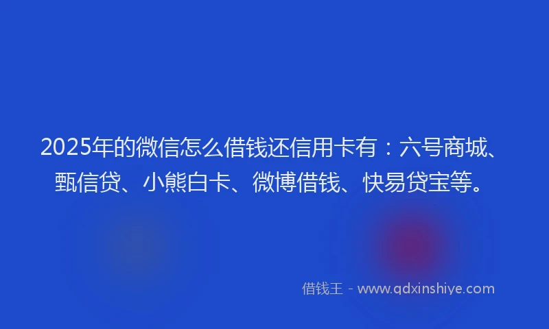 2025年的微信怎么借钱还信用卡有：六号商城、甄信贷、小熊白卡、微博借钱、快易贷宝等。