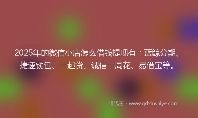 2025年的微信小店怎么借钱提现有：蓝鲸分期、捷速钱包、一起贷、诚信一周花、易借宝等。