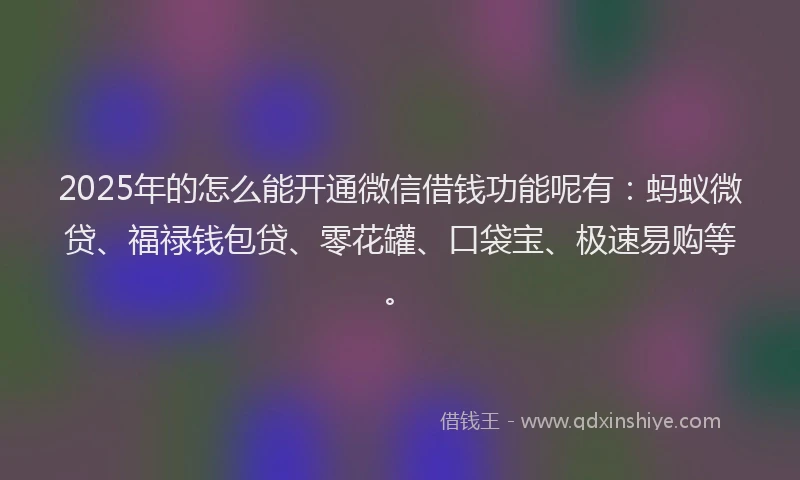 2025年的怎么能开通微信借钱功能呢有：蚂蚁微贷、福禄钱包贷、零花罐、口袋宝、极速易购等。