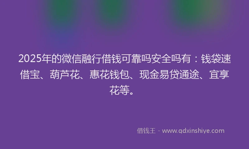 2025年的微信融行借钱可靠吗安全吗有：钱袋速借宝、葫芦花、惠花钱包、现金易贷通途、宜享花等。