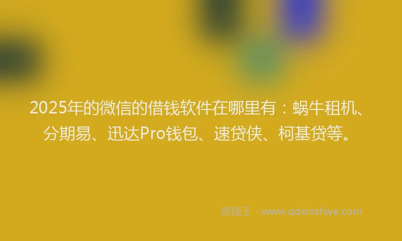 2025年的微信的借钱软件在哪里有：蜗牛租机、分期易、迅达Pro钱包、速贷侠、柯基贷等。
