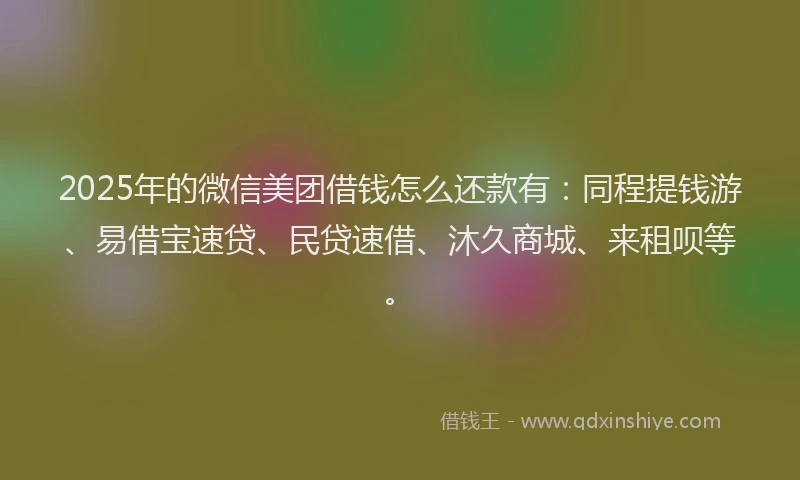 2025年的微信美团借钱怎么还款有：同程提钱游、易借宝速贷、民贷速借、沐久商城、来租呗等。