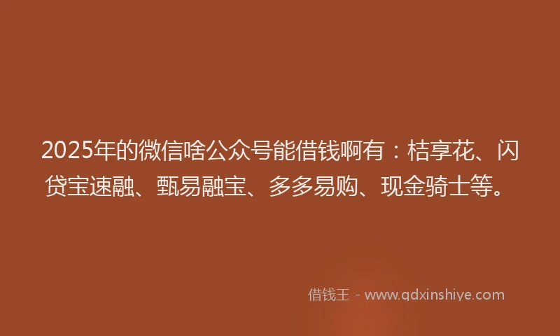 2025年的微信啥公众号能借钱啊有：桔享花、闪贷宝速融、甄易融宝、多多易购、现金骑士等。