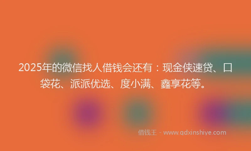 2025年的微信找人借钱会还有：现金侠速贷、口袋花、派派优选、度小满、鑫享花等。
