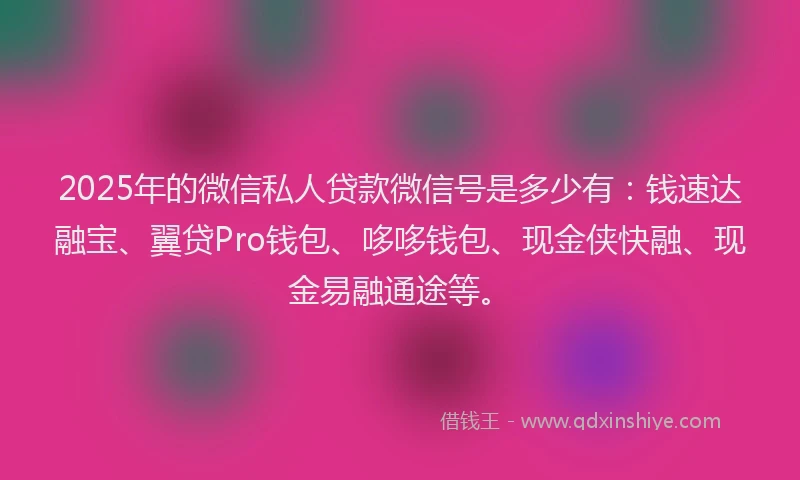 2025年的微信私人贷款微信号是多少有：钱速达融宝、翼贷Pro钱包、哆哆钱包、现金侠快融、现金易融通途等。