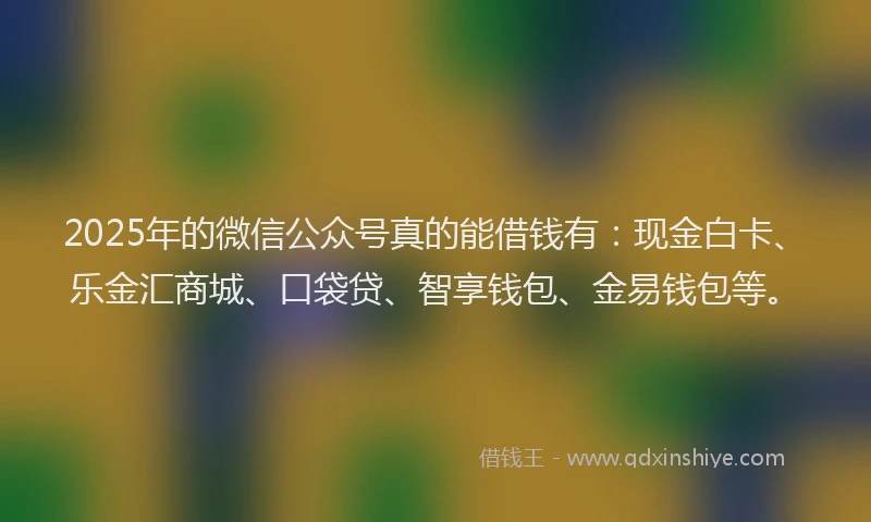 2025年的微信公众号真的能借钱有：现金白卡、乐金汇商城、口袋贷、智享钱包、金易钱包等。