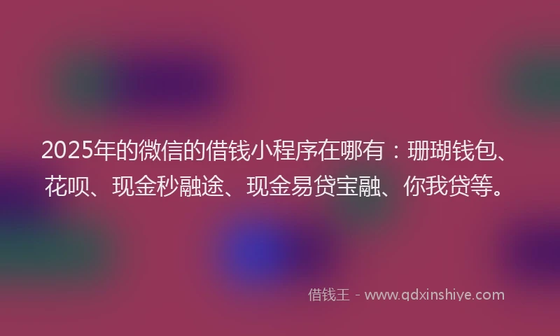 2025年的微信的借钱小程序在哪有：珊瑚钱包、花呗、现金秒融途、现金易贷宝融、你我贷等。