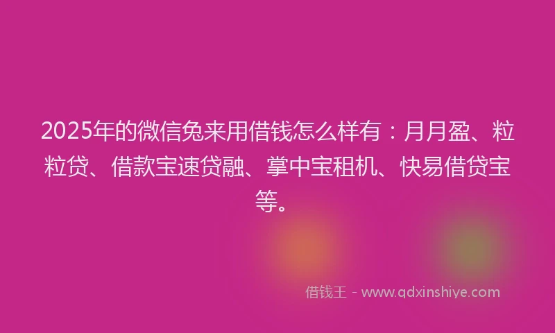 2025年的微信兔来用借钱怎么样有：月月盈、粒粒贷、借款宝速贷融、掌中宝租机、快易借贷宝等。
