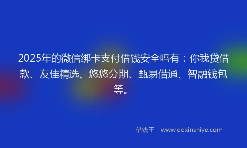 2025年的微信绑卡支付借钱安全吗有：你我贷借款、友佳精选、悠悠分期、甄易借通、智融钱包等。