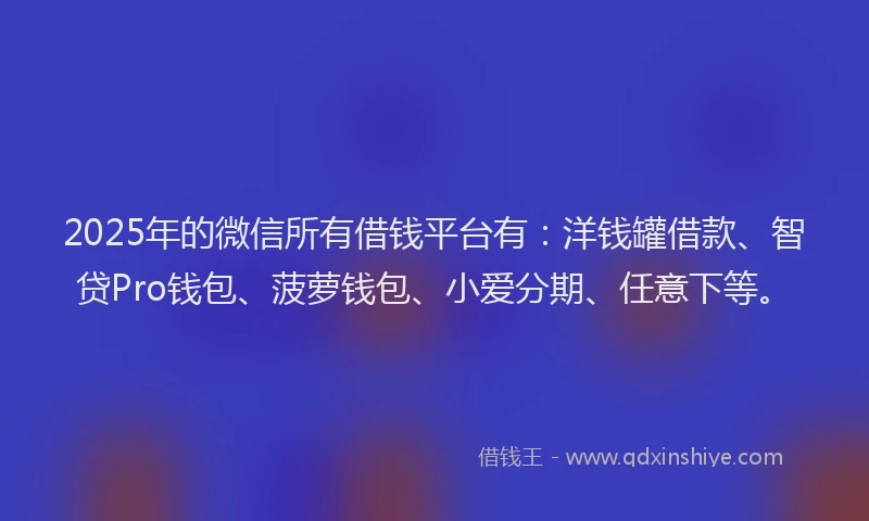 2025年的微信所有借钱平台有：洋钱罐借款、智贷Pro钱包、菠萝钱包、小爱分期、任意下等。