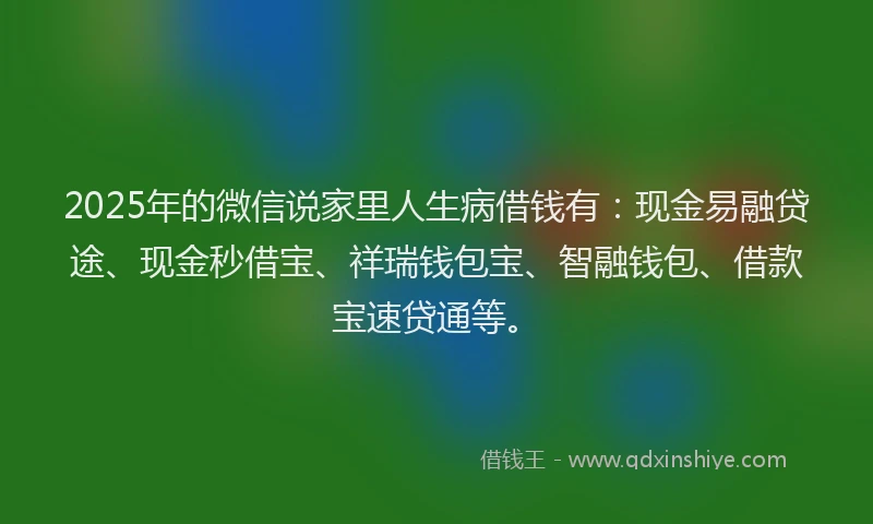 2025年的微信说家里人生病借钱有：现金易融贷途、现金秒借宝、祥瑞钱包宝、智融钱包、借款宝速贷通等。