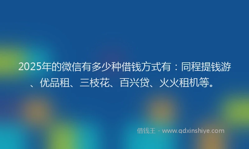 2025年的微信有多少种借钱方式有：同程提钱游、优品租、三枝花、百兴贷、火火租机等。