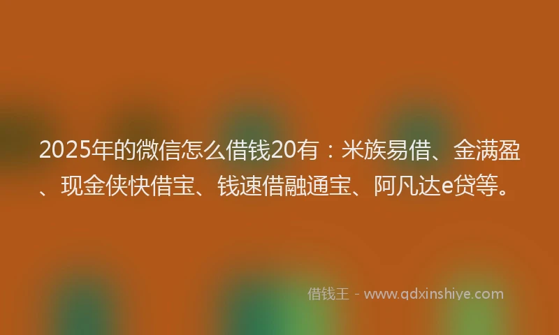 2025年的微信怎么借钱20有：米族易借、金满盈、现金侠快借宝、钱速借融通宝、阿凡达e贷等。