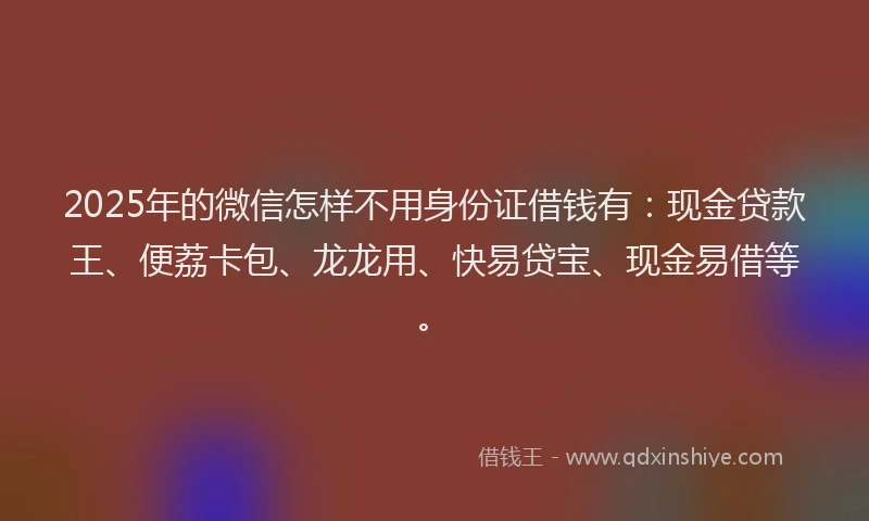 2025年的微信怎样不用身份证借钱有：现金贷款王、便荔卡包、龙龙用、快易贷宝、现金易借等。