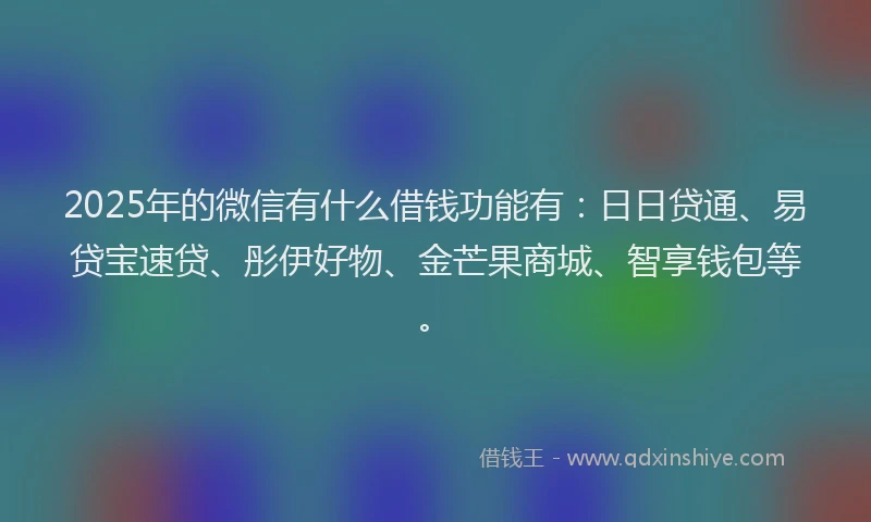 2025年的微信有什么借钱功能有：日日贷通、易贷宝速贷、彤伊好物、金芒果商城、智享钱包等。