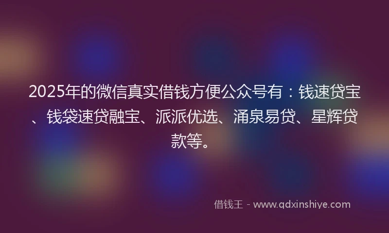 2025年的微信真实借钱方便公众号有：钱速贷宝、钱袋速贷融宝、派派优选、涌泉易贷、星辉贷款等。