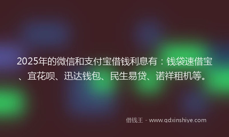 2025年的微信和支付宝借钱利息有：钱袋速借宝、宜花呗、迅达钱包、民生易贷、诺祥租机等。