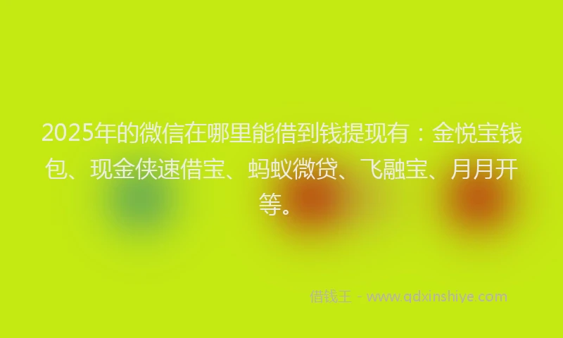 2025年的微信在哪里能借到钱提现有：金悦宝钱包、现金侠速借宝、蚂蚁微贷、飞融宝、月月开等。