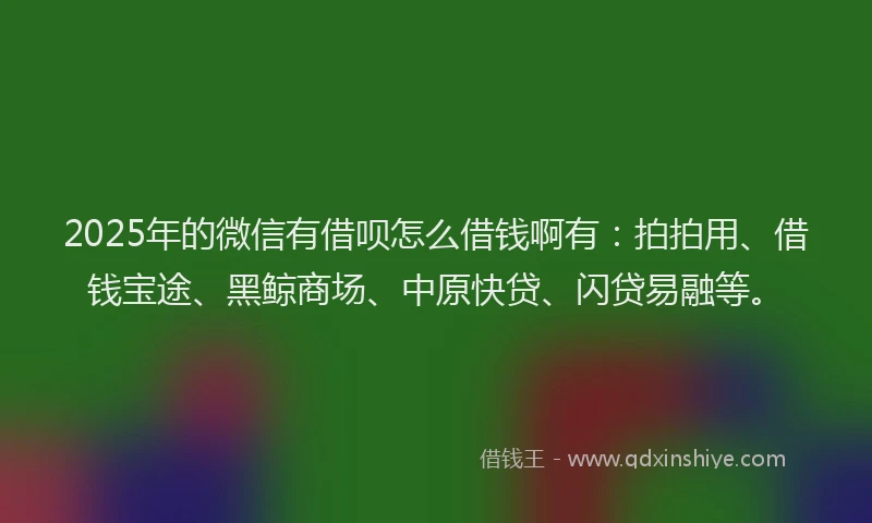 2025年的微信有借呗怎么借钱啊有：拍拍用、借钱宝途、黑鲸商场、中原快贷、闪贷易融等。