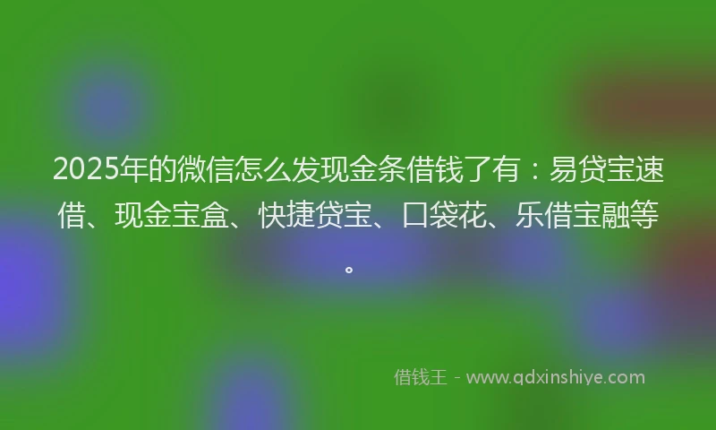 2025年的微信怎么发现金条借钱了有：易贷宝速借、现金宝盒、快捷贷宝、口袋花、乐借宝融等。