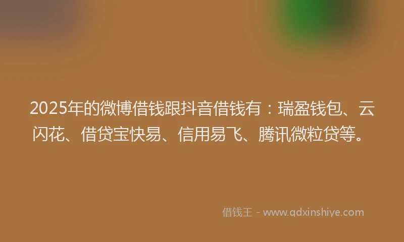 2025年的微博借钱跟抖音借钱有：瑞盈钱包、云闪花、借贷宝快易、信用易飞、腾讯微粒贷等。