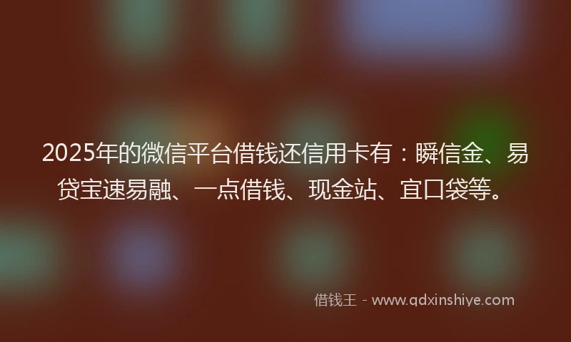 2025年的微信平台借钱还信用卡有：瞬信金、易贷宝速易融、一点借钱、现金站、宜口袋等。