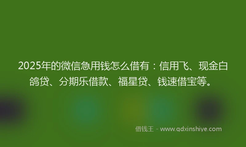 2025年的微信急用钱怎么借有：信用飞、现金白鸽贷、分期乐借款、福星贷、钱速借宝等。