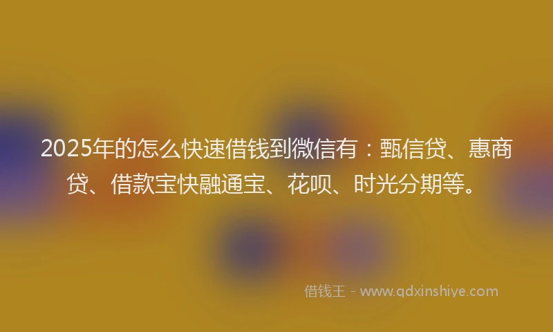 2025年的怎么快速借钱到微信有：甄信贷、惠商贷、借款宝快融通宝、花呗、时光分期等。