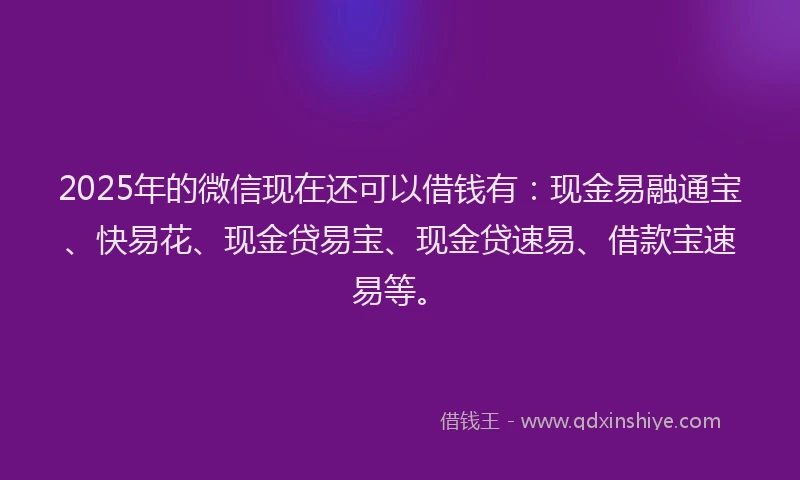 2025年的微信现在还可以借钱有：现金易融通宝、快易花、现金贷易宝、现金贷速易、借款宝速易等。