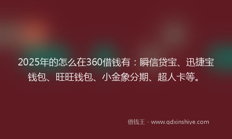 2025年的怎么在360借钱有：瞬信贷宝、迅捷宝钱包、旺旺钱包、小金象分期、超人卡等。