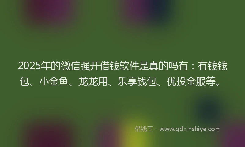 2025年的微信强开借钱软件是真的吗有：有钱钱包、小金鱼、龙龙用、乐享钱包、优投金服等。