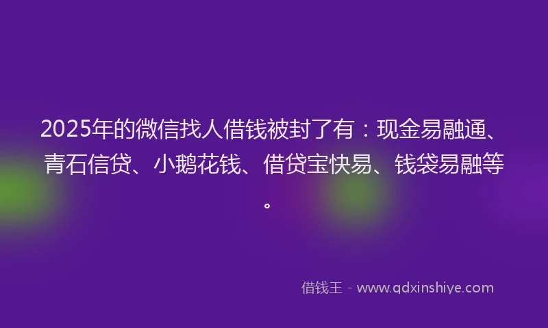 2025年的微信找人借钱被封了有：现金易融通、青石信贷、小鹅花钱、借贷宝快易、钱袋易融等。