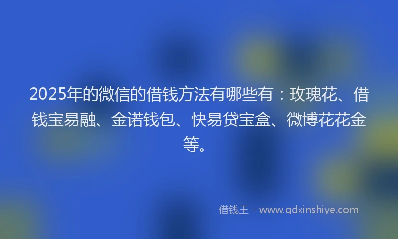 2025年的微信的借钱方法有哪些有：玫瑰花、借钱宝易融、金诺钱包、快易贷宝盒、微博花花金等。