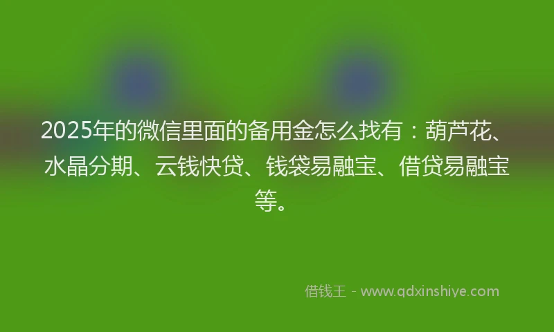 2025年的微信里面的备用金怎么找有：葫芦花、水晶分期、云钱快贷、钱袋易融宝、借贷易融宝等。