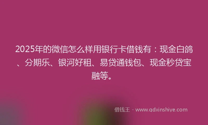 2025年的微信怎么样用银行卡借钱有：现金白鸽、分期乐、银河好租、易贷通钱包、现金秒贷宝融等。