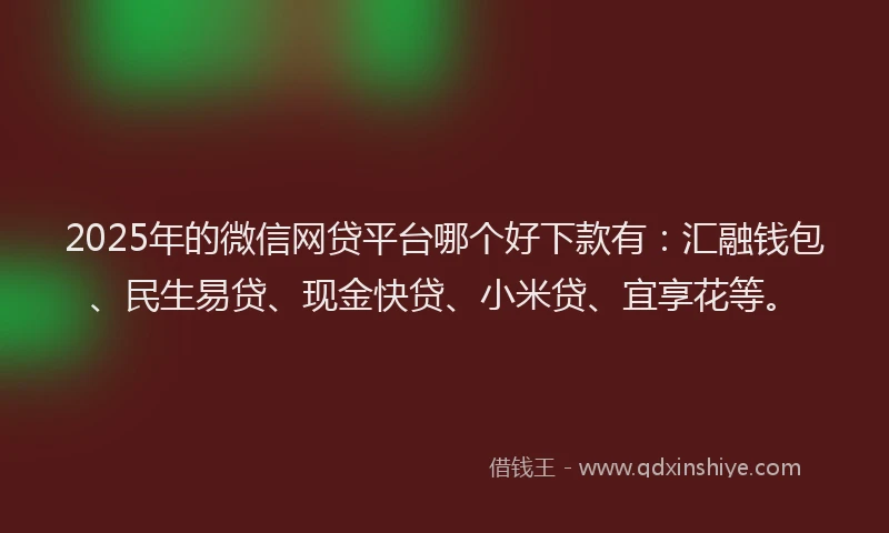 2025年的微信网贷平台哪个好下款有：汇融钱包、民生易贷、现金快贷、小米贷、宜享花等。