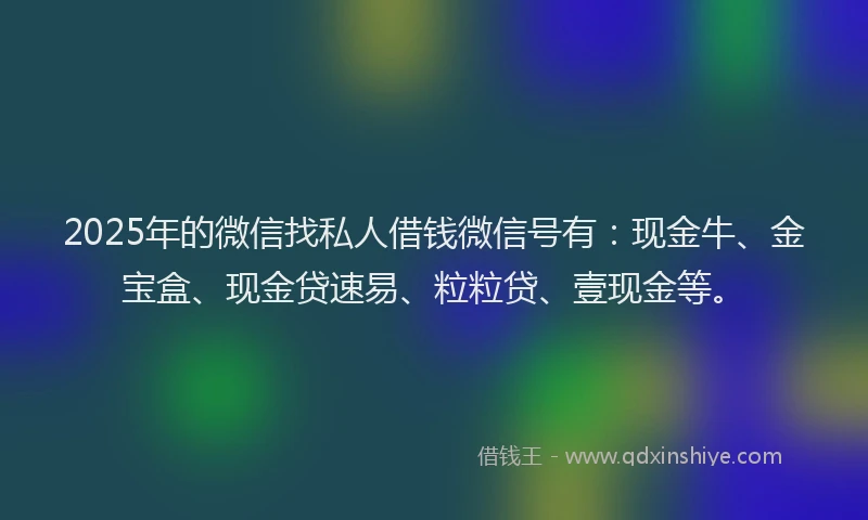 2025年的微信找私人借钱微信号有：现金牛、金宝盒、现金贷速易、粒粒贷、壹现金等。