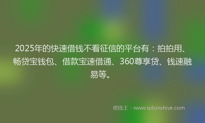 2025年的快速借钱不看征信的平台有：拍拍用、畅贷宝钱包、借款宝速借通、360尊享贷、钱速融易等。